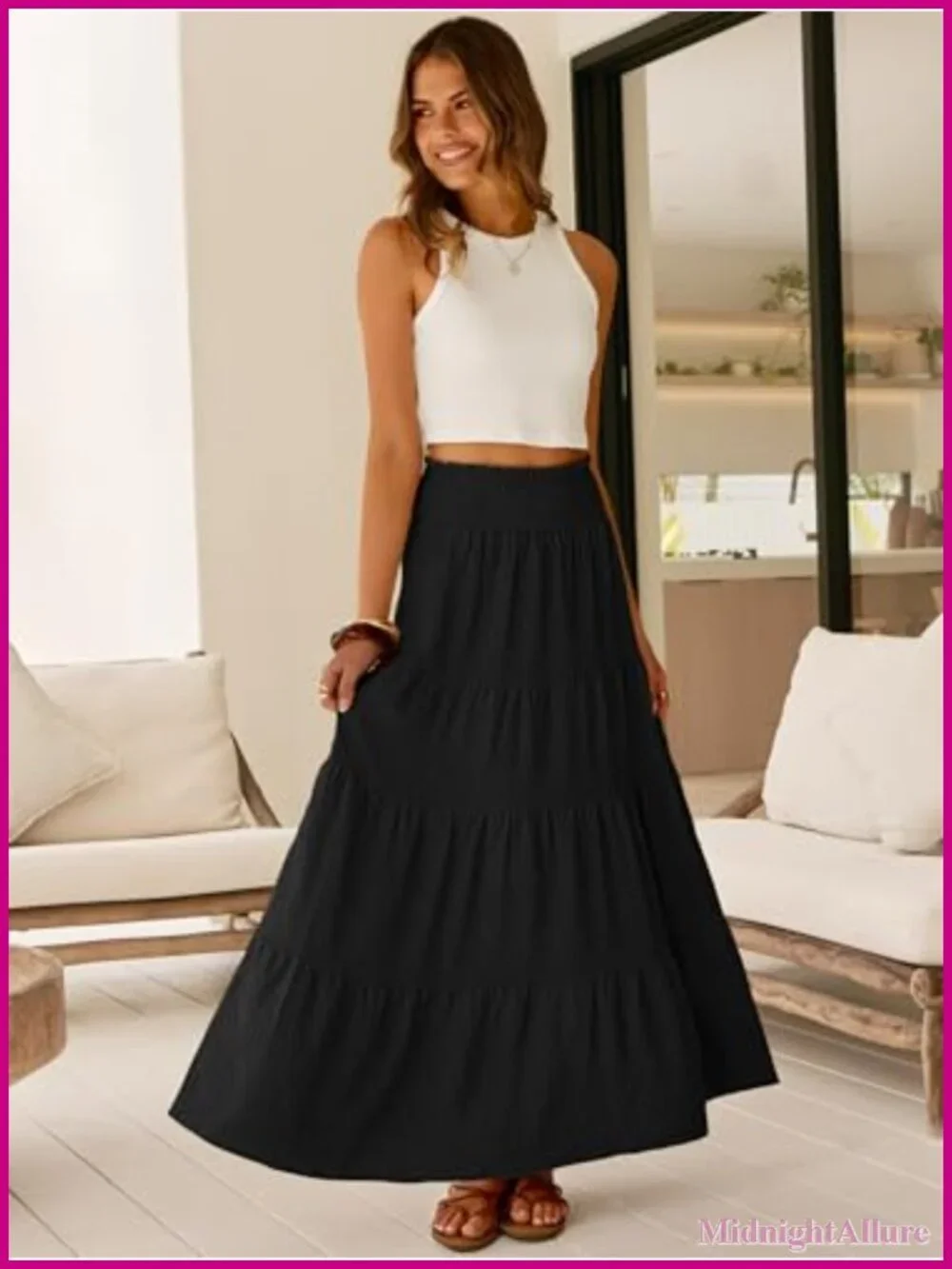 Elastic High Waist A-Line Maxi Skirt with Pockets, Flowy Boho Tiered Skirt